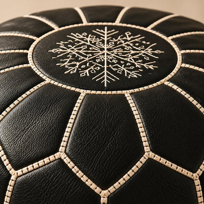 Black Round Leather Pouf Ottoman Cover, handmade Moroccan Unstuffed Footstool