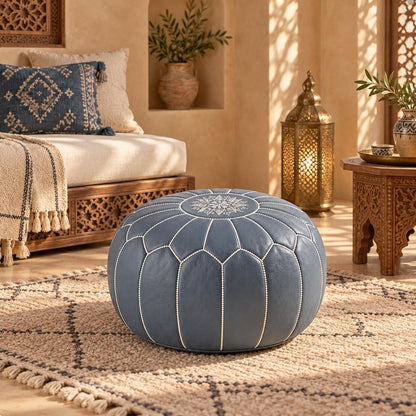 Round Ottoman Cover, Unstuffed Moroccan Footstool, Handmade Leather Floor Pouf, Living Room Footrest, Boho home Decor, Durable Leather