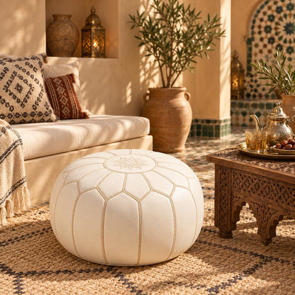 Round Leather Ottoman Cover, Unstuffed Moroccan Footstool, Handmade Leather Floor Pouf, Living Room Footrest, Boho home Decor
