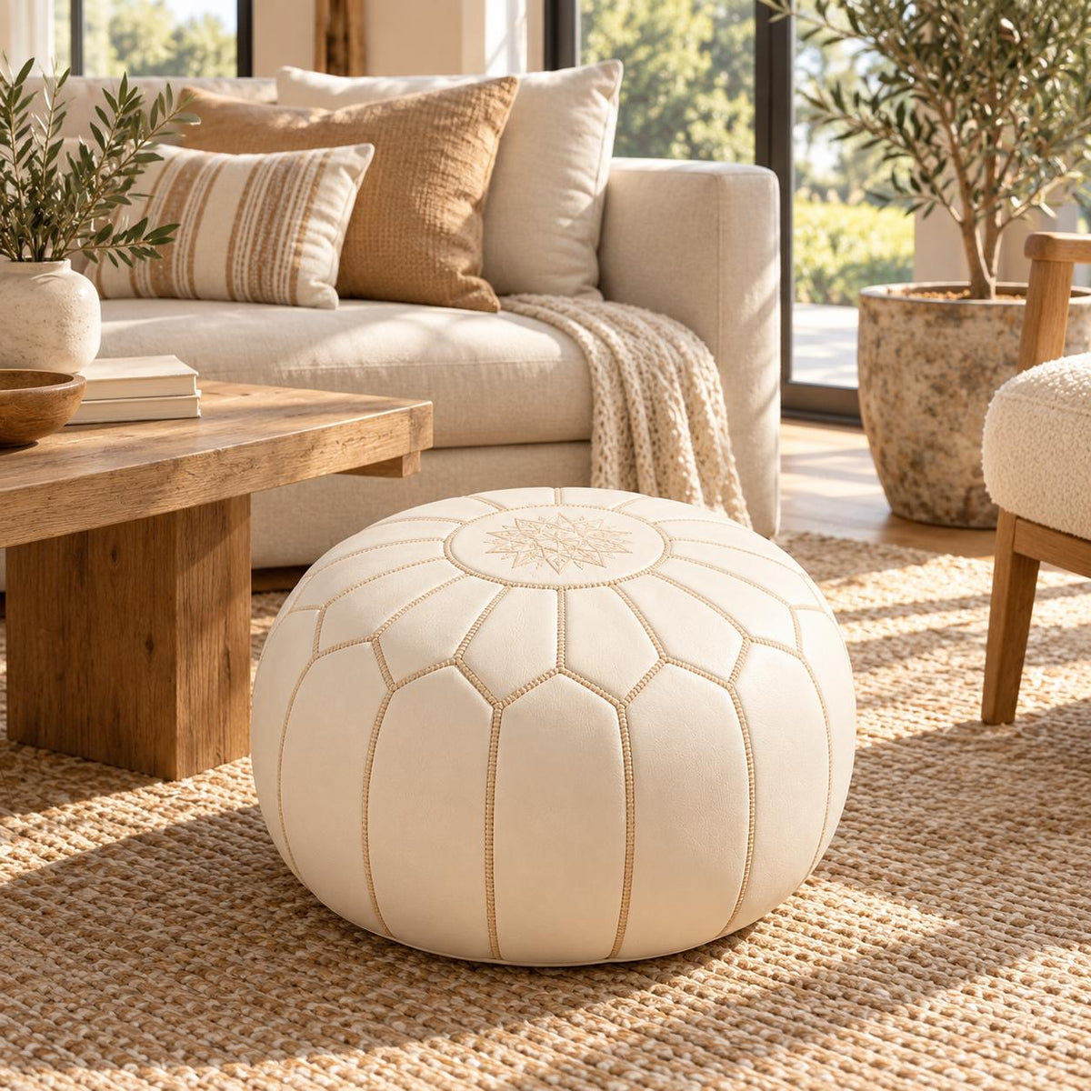 Round Leather Ottoman Cover, Unstuffed Moroccan Footstool, Handmade Leather Floor Pouf, Living Room Footrest, Boho home Decor