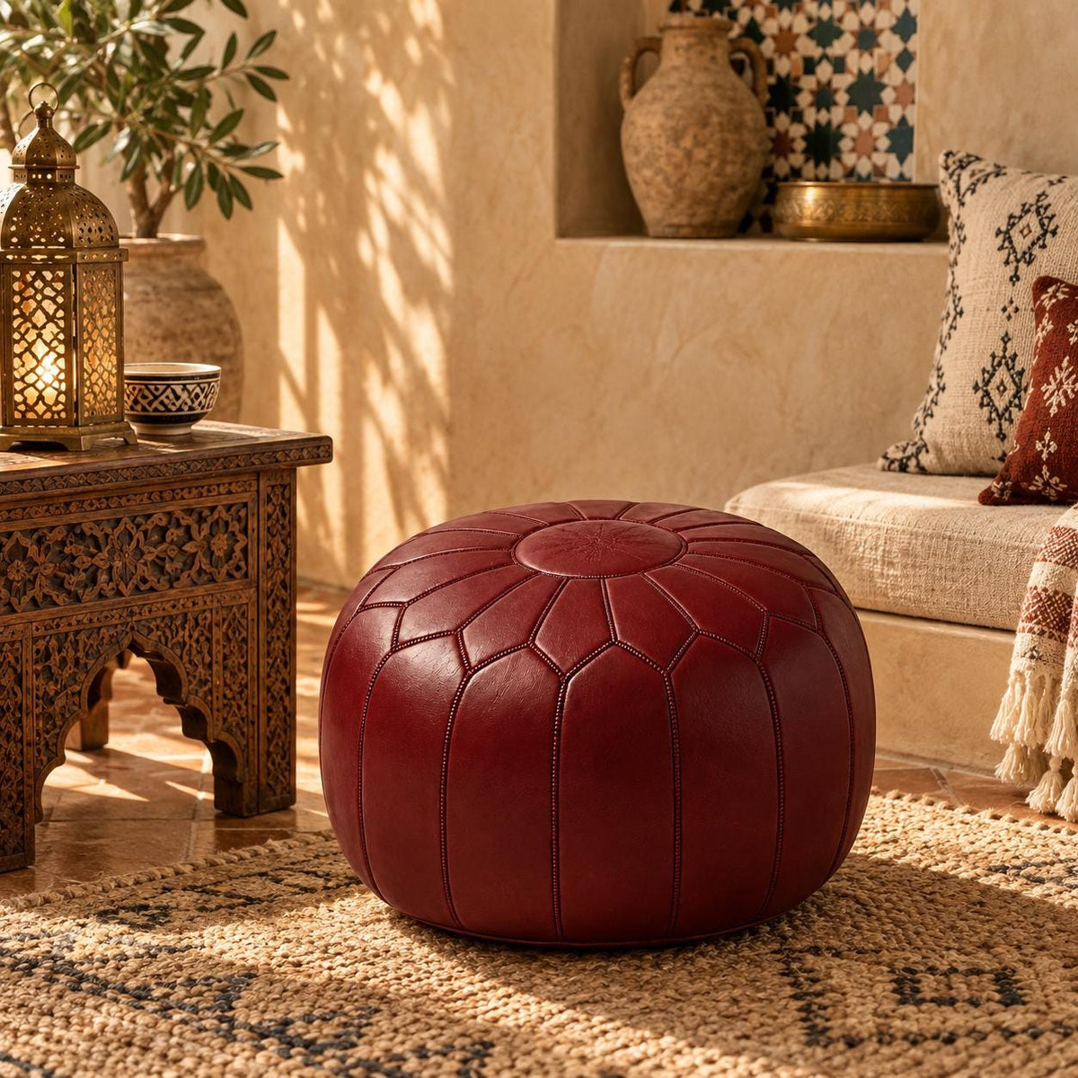 Round Leather Ottoman pouf Cover, Unstuffed Footstool, Handmade Leather Floor, Living Room Footrest, Boho Home Decor