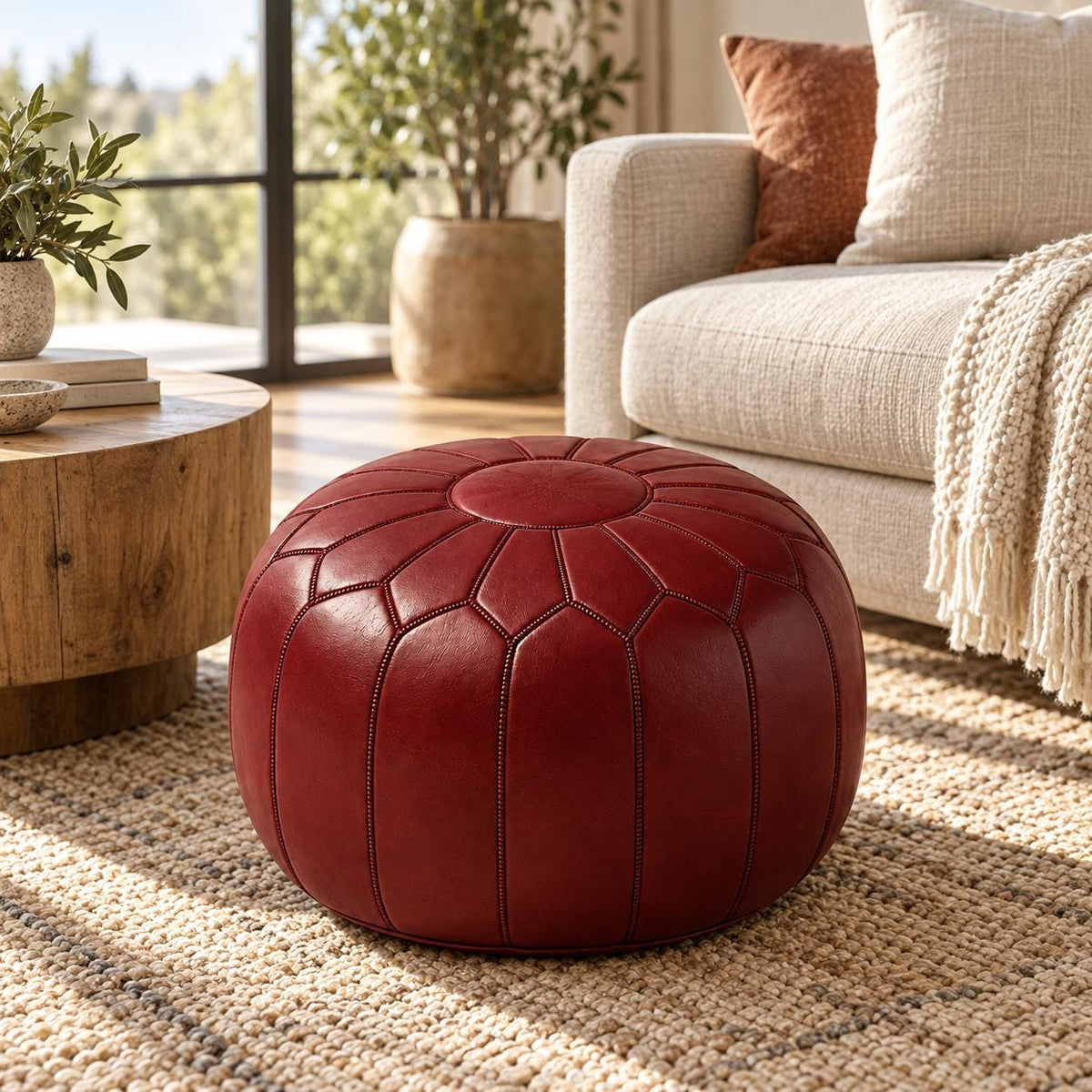 Round Leather Ottoman pouf Cover, Unstuffed Footstool, Handmade Leather Floor, Living Room Footrest, Boho Home Decor