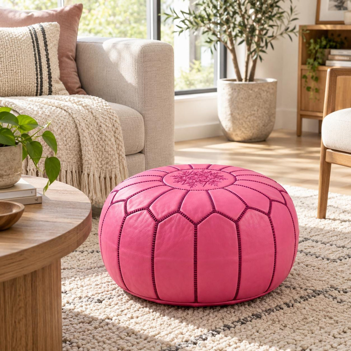 Round Leather Ottoman Pouf Cover, Unstuffed Footstool, Moroccan Handmade Leather Floor Decor, Boho Living Room Footrest
