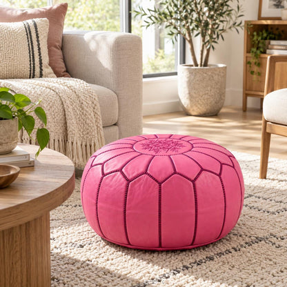 Round Leather Ottoman Pouf Cover, Unstuffed Footstool, Moroccan Handmade Leather Floor Decor, Boho Living Room Footrest
