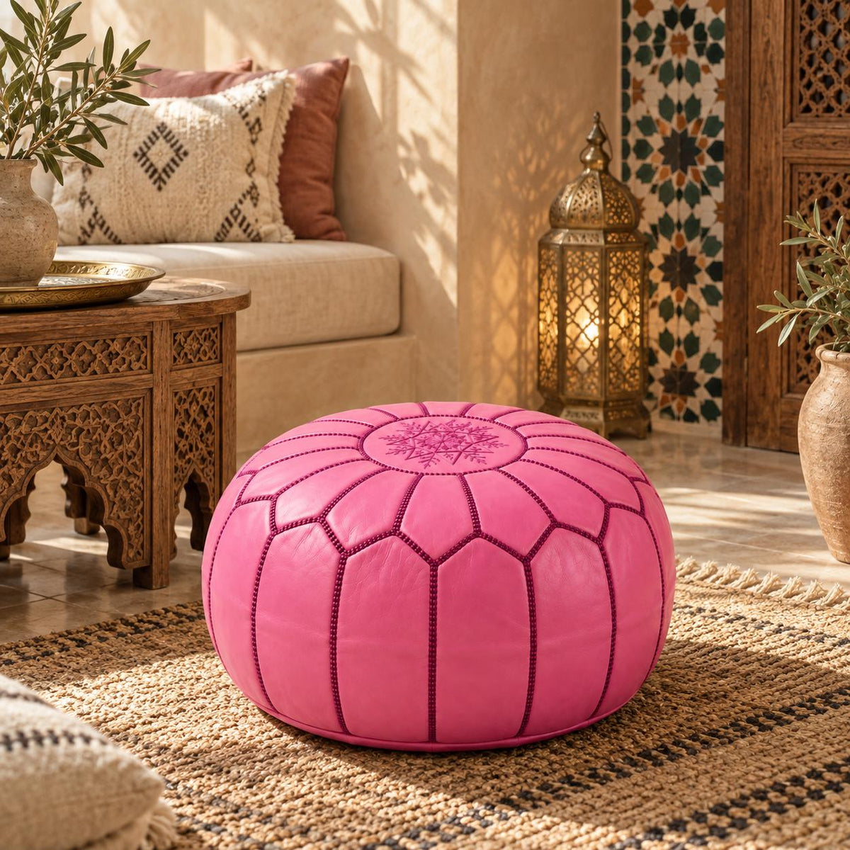 Round Leather Ottoman Pouf Cover, Unstuffed Footstool, Moroccan Handmade Leather Floor Decor, Boho Living Room Footrest