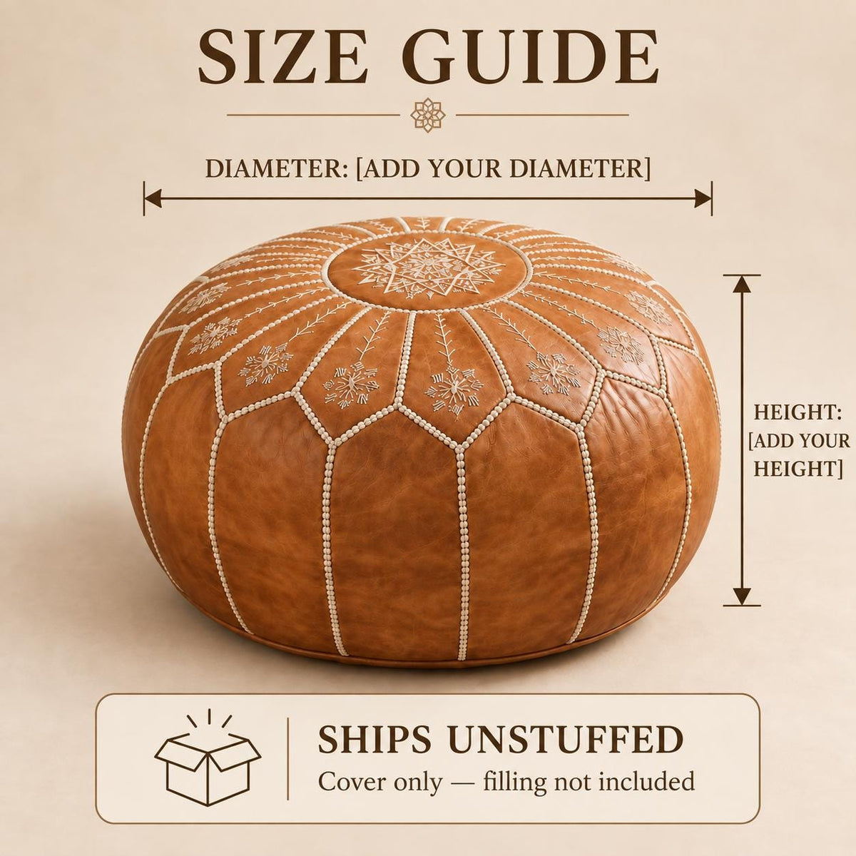 Round Leather Ottoman Pouf Cover, Moroccan Handmade Leather Floor Decor, Unstuffed Footstool, Boho Living Room Footrest,