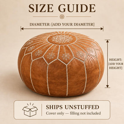 Round Leather Ottoman Pouf Cover, Moroccan Handmade Leather Floor Decor, Unstuffed Footstool, Boho Living Room Footrest,