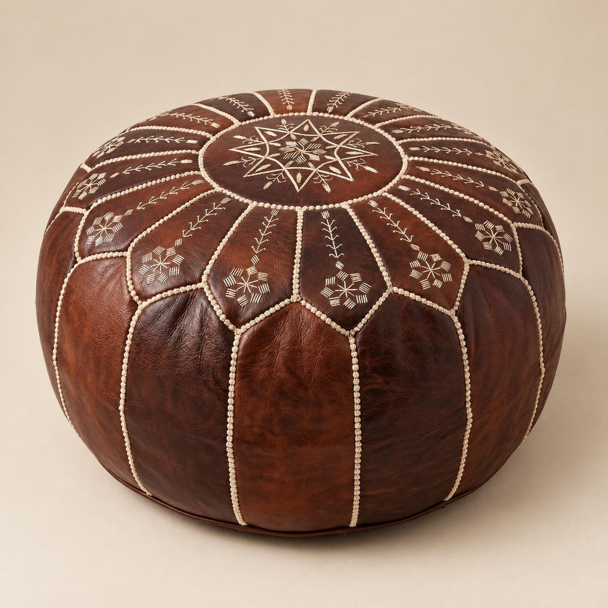 Brown Round Leather Ottoman Pouf Cover, Moroccan Handmade Leather Floor Decor, Unstuffed Footstool, Boho Living Room Footrest,