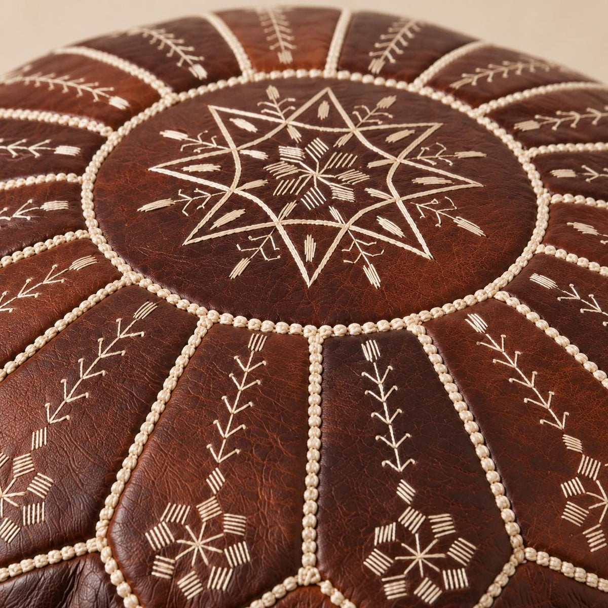 Brown Round Leather Ottoman Pouf Cover, Moroccan Handmade Leather Floor Decor, Unstuffed Footstool, Boho Living Room Footrest,