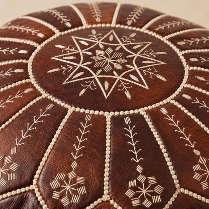 Brown Round Leather Ottoman Pouf Cover, Moroccan Handmade Leather Floor Decor, Unstuffed Footstool, Boho Living Room Footrest,