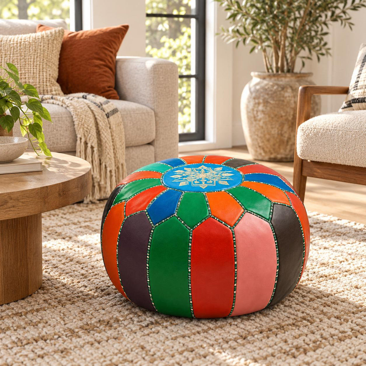 Round Leather Ottoman Pouf Cover, Moroccan Handmade Leather Floor Decor, Unstuffed Footstool, Boho Living Room Footrest,