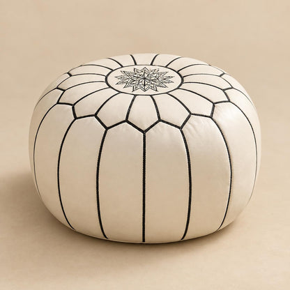 White Round Leather Ottoman Pouf Cover, Moroccan Handmade Leather Floor Decor, Unstuffed Footstool, Boho Living Room Accent Piece