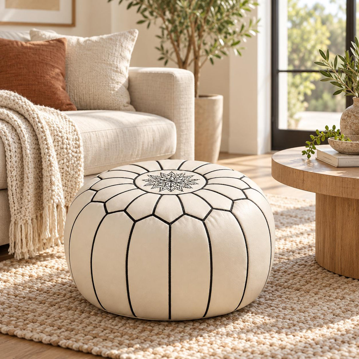 White Round Leather Ottoman Pouf Cover, Moroccan Handmade Leather Floor Decor, Unstuffed Footstool, Boho Living Room Accent Piece