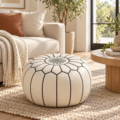 White Round Leather Ottoman Pouf Cover, Moroccan Handmade Leather Floor Decor, Unstuffed Footstool, Boho Living Room Accent Piece