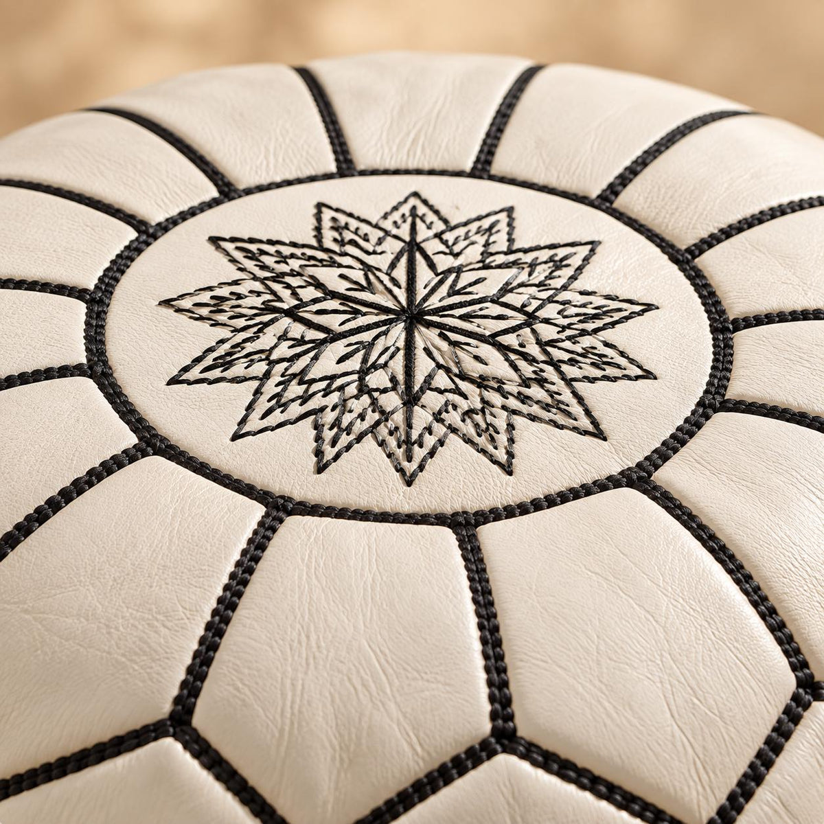White Round Leather Ottoman Pouf Cover, Moroccan Handmade Leather Floor Decor, Unstuffed Footstool, Boho Living Room Footrest,