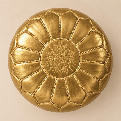 Round Leather Ottoman Pouf Cover, Moroccan Handmade Leather Floor Decor, Unstuffed Footstool, Boho Living Room Footrest,