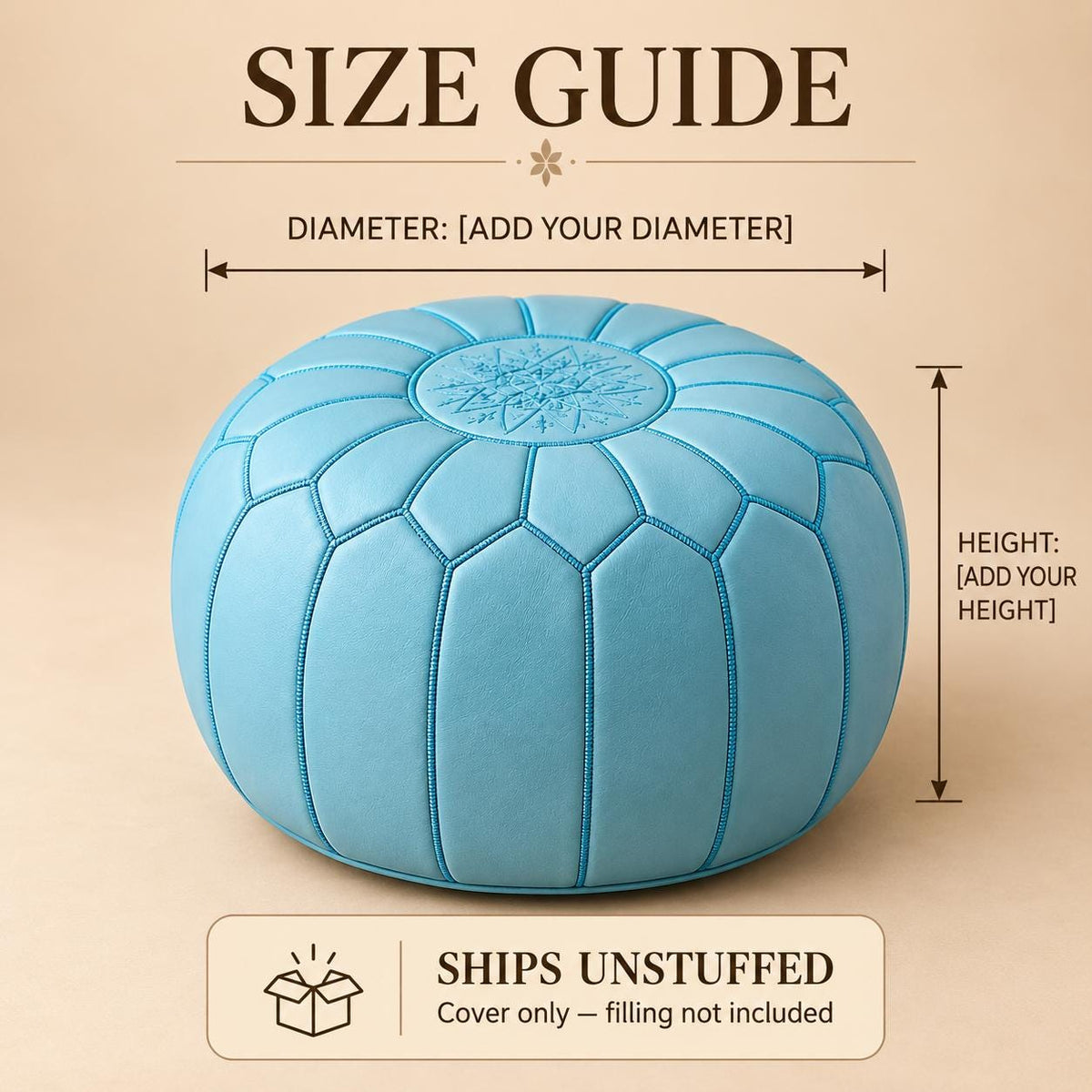 Round Leather Ottoman Pouf Cover, Moroccan Handmade Leather Floor Decor, Unstuffed Footstool, Boho Living Room Footrest,