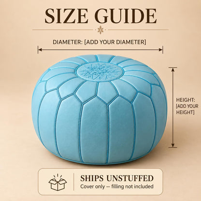 Round Leather Ottoman Pouf Cover, Moroccan Handmade Leather Floor Decor, Unstuffed Footstool, Boho Living Room Footrest,