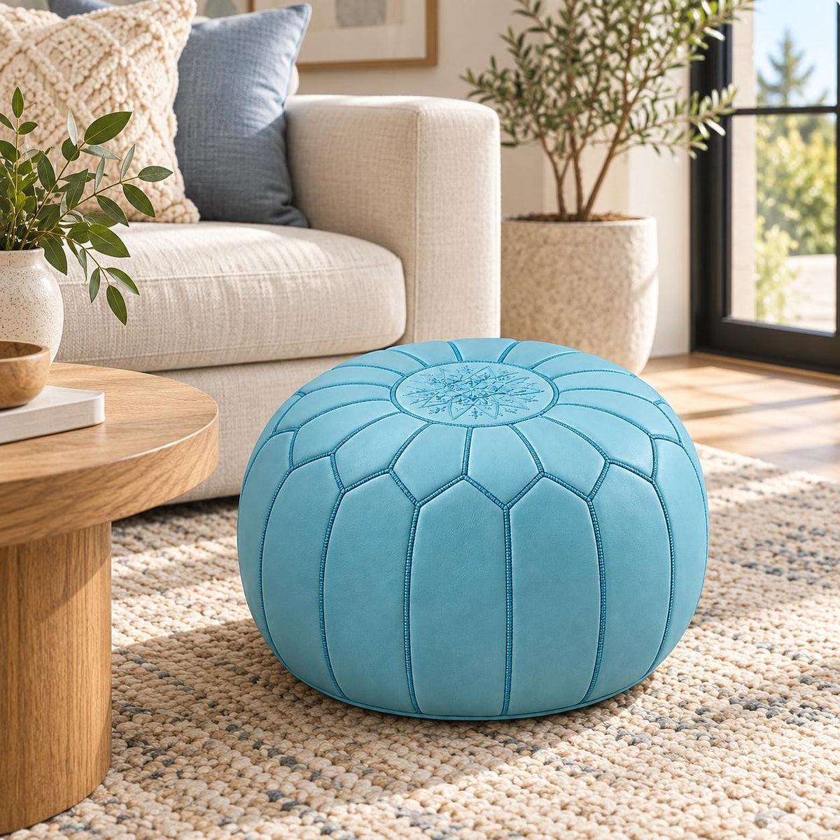 Round Leather Ottoman Pouf Cover, Moroccan Handmade Leather Floor Decor, Unstuffed Footstool, Boho Living Room Footrest,
