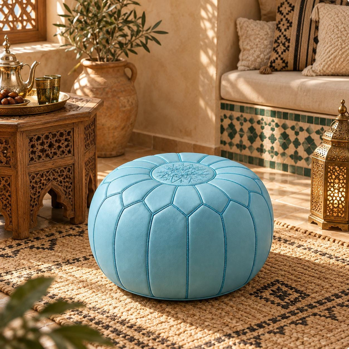 Round Leather Ottoman Pouf Cover, Moroccan Handmade Leather Floor Decor, Unstuffed Footstool, Boho Living Room Footrest,