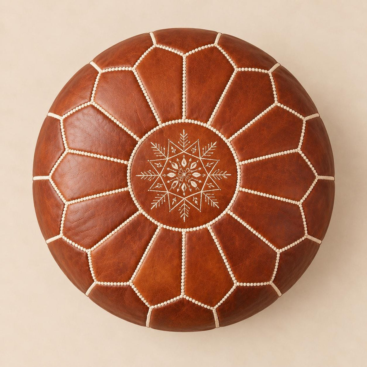 Round Leather Ottoman Pouf Cover, Moroccan Handmade Leather Floor Decor, Unstuffed Footstool, Boho Living Room Footrest,