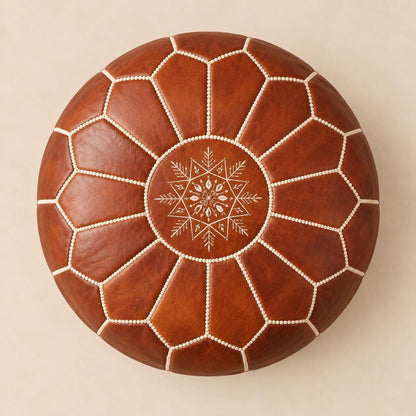 Round Leather Ottoman Pouf Cover, Moroccan Handmade Leather Floor Decor, Unstuffed Footstool, Boho Living Room Footrest,