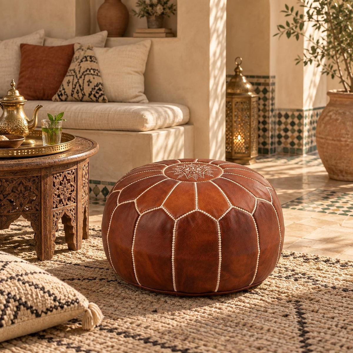 Round Leather Ottoman Pouf Cover, Moroccan Handmade Leather Floor Decor, Unstuffed Footstool, Boho Living Room Footrest,