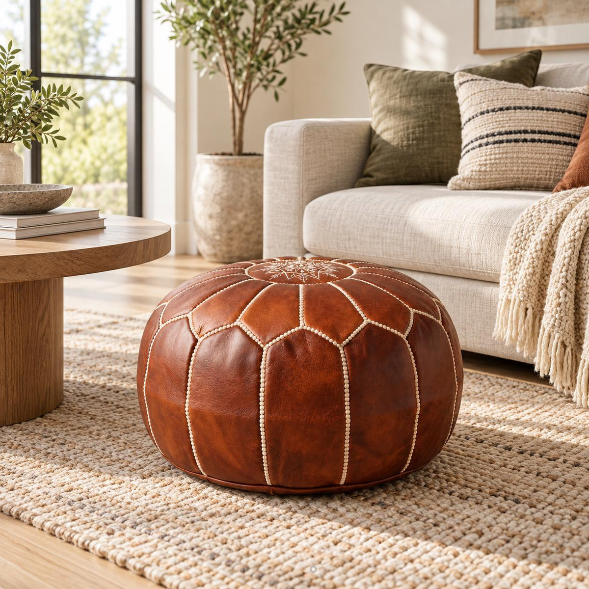 Round Leather Ottoman Pouf Cover, Moroccan Handmade Leather Floor Decor, Unstuffed Footstool, Boho Living Room Footrest,
