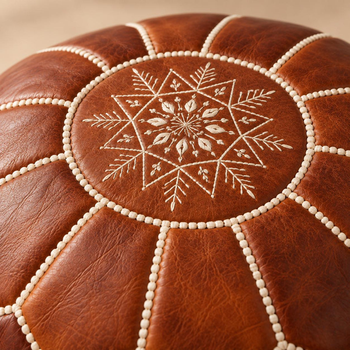 Round Leather Ottoman Pouf Cover, Moroccan Handmade Leather Floor Decor, Unstuffed Footstool, Boho Living Room Footrest,