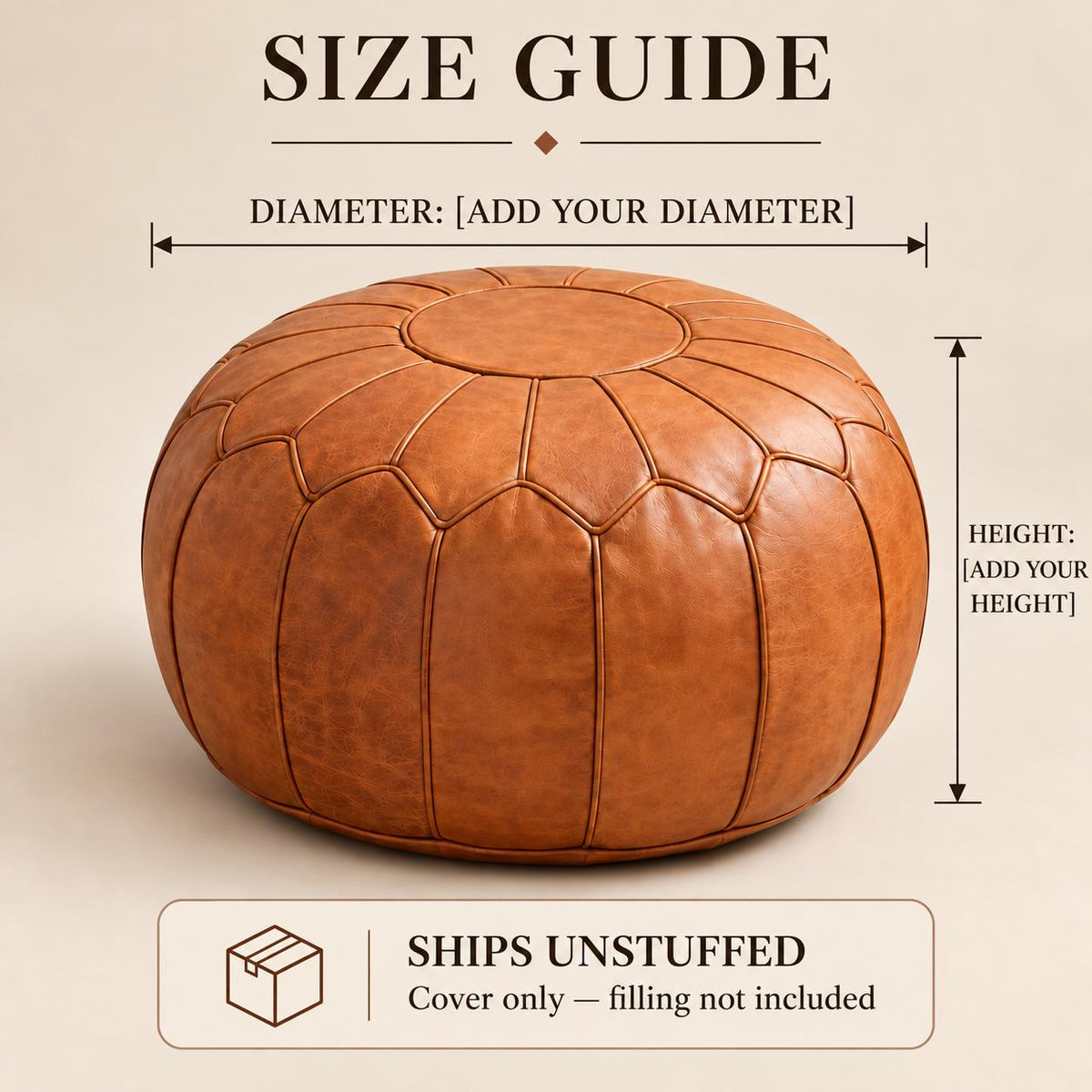 Round Leather Ottoman Pouf Cover, Moroccan Handmade Leather Floor Decor, Unstuffed Footstool, Boho Living Room Footrest,