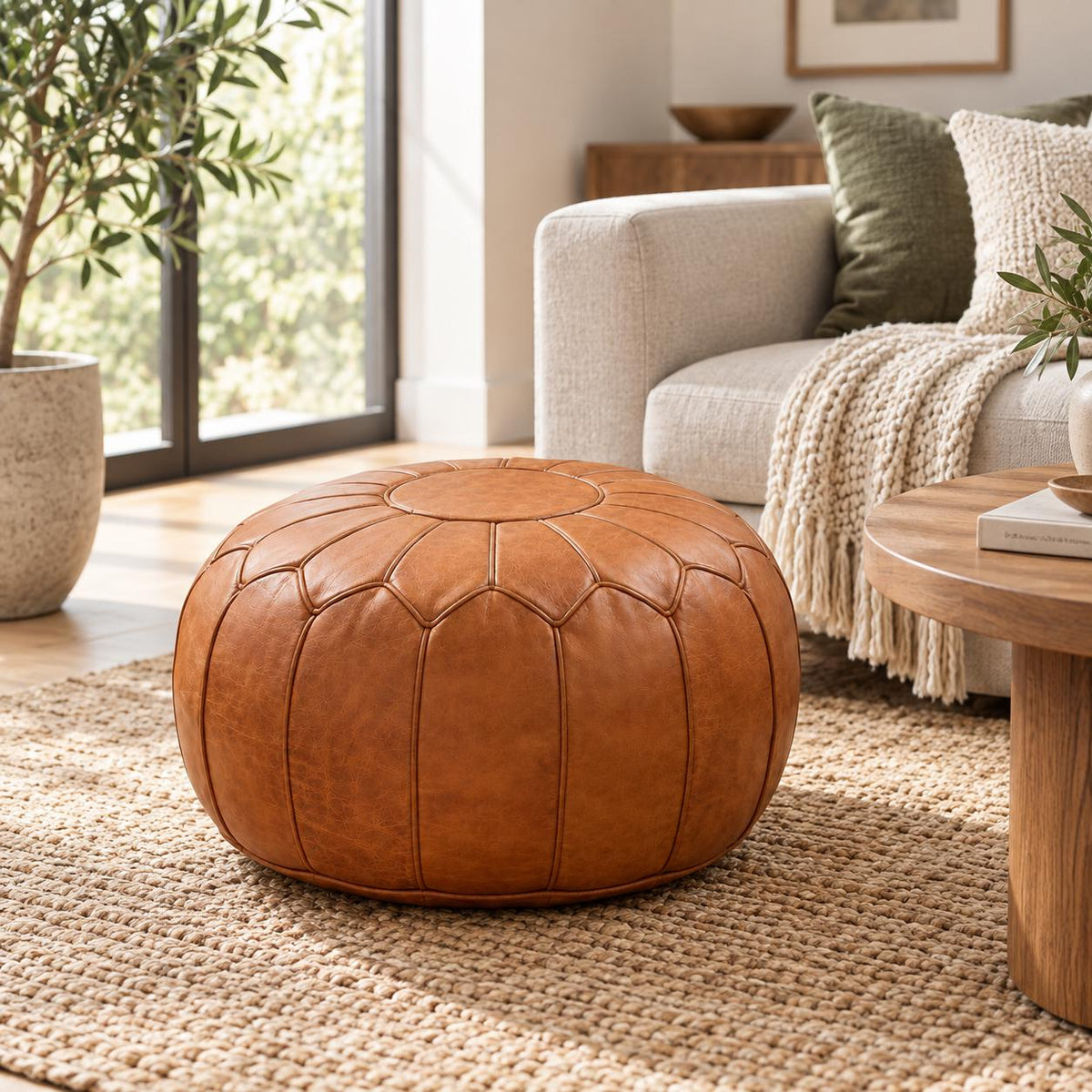 Round Leather Ottoman Pouf Cover, Moroccan Handmade Leather Floor Decor, Unstuffed Footstool, Boho Living Room Footrest,