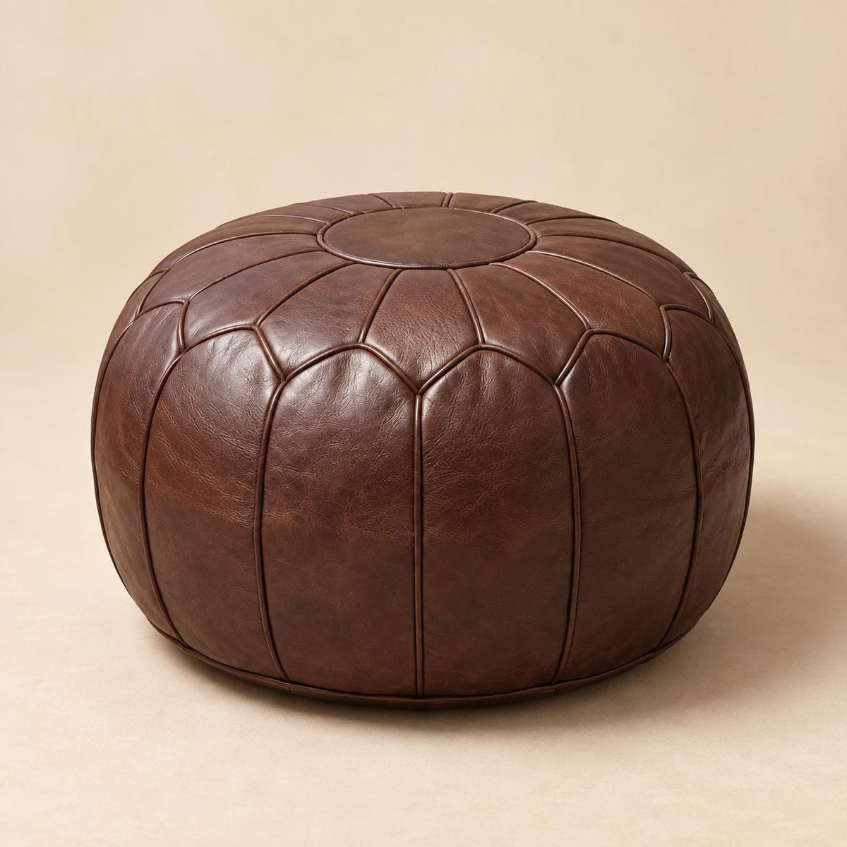Brown Leather Ottoman Pouf Cover, Moroccan Handmade Leather Floor Decor, Unstuffed Footstool, Boho Living Room Footrest, Round Leather Pouf