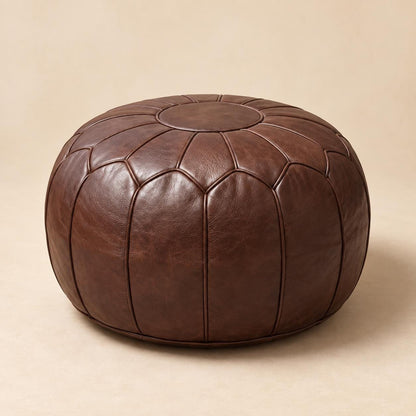 Brown Leather Ottoman Pouf Cover, Moroccan Handmade Leather Floor Decor, Unstuffed Footstool, Boho Living Room Footrest, Round Leather Pouf