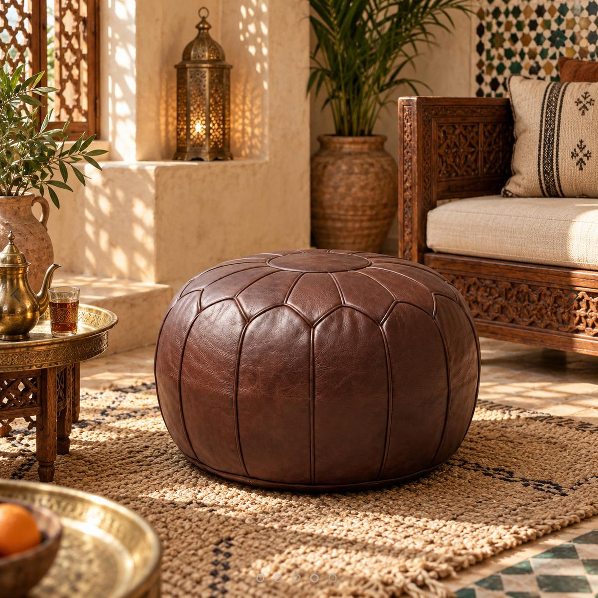 Brown Leather Ottoman Pouf Cover, Moroccan Handmade Leather Floor Decor, Unstuffed Footstool, Boho Living Room Footrest, Round Leather Pouf