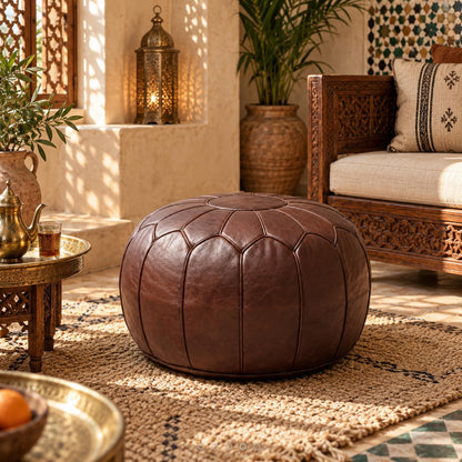 Brown Leather Ottoman Pouf Cover, Moroccan Handmade Leather Floor Decor, Unstuffed Footstool, Boho Living Room Footrest, Round Leather Pouf