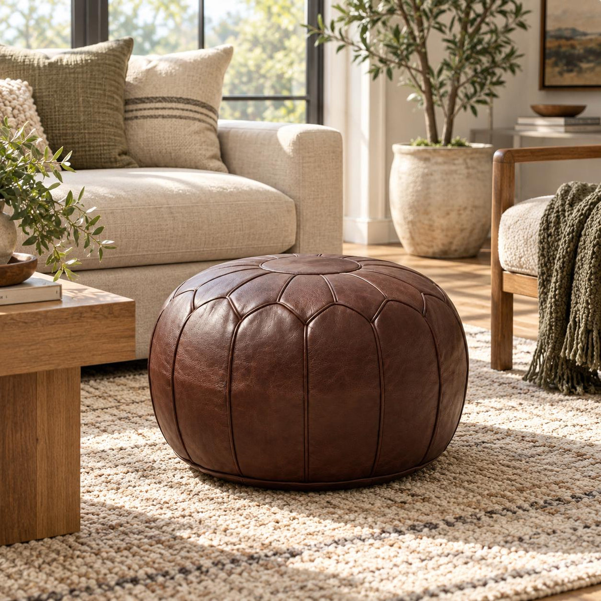 Brown Leather Ottoman Pouf Cover, Moroccan Handmade Leather Floor Decor, Unstuffed Footstool, Boho Living Room Footrest, Round Leather Pouf