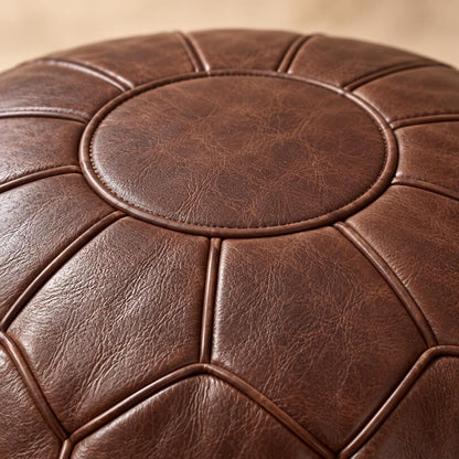 Brown Leather Ottoman Pouf Cover, Moroccan Handmade Leather Floor Decor, Unstuffed Footstool, Boho Living Room Footrest, Round Leather Pouf