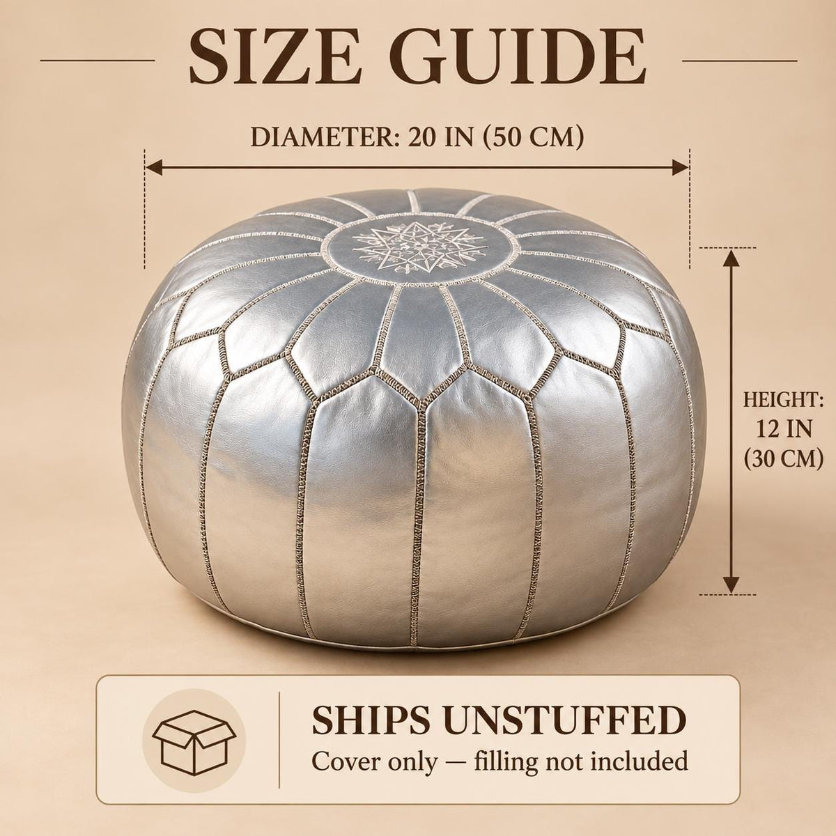 Leather Pouf Ottoman Cover, Moroccan Handmade Round Leather Floor Decor, Unstuffed Boho Living Room Footrest, Silver Leather Pouf