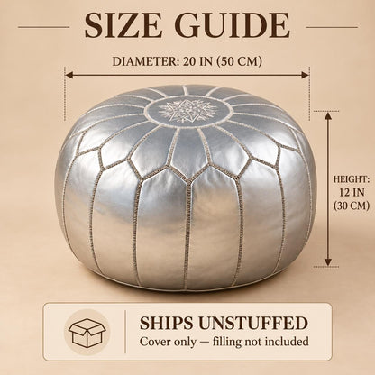Leather Pouf Ottoman Cover, Moroccan Handmade Round Leather Floor Decor, Unstuffed Boho Living Room Footrest, Silver Leather Pouf
