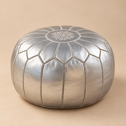 Leather Pouf Ottoman Cover, Moroccan Handmade Round Leather Floor Decor, Unstuffed Boho Living Room Footrest, Silver Leather Pouf