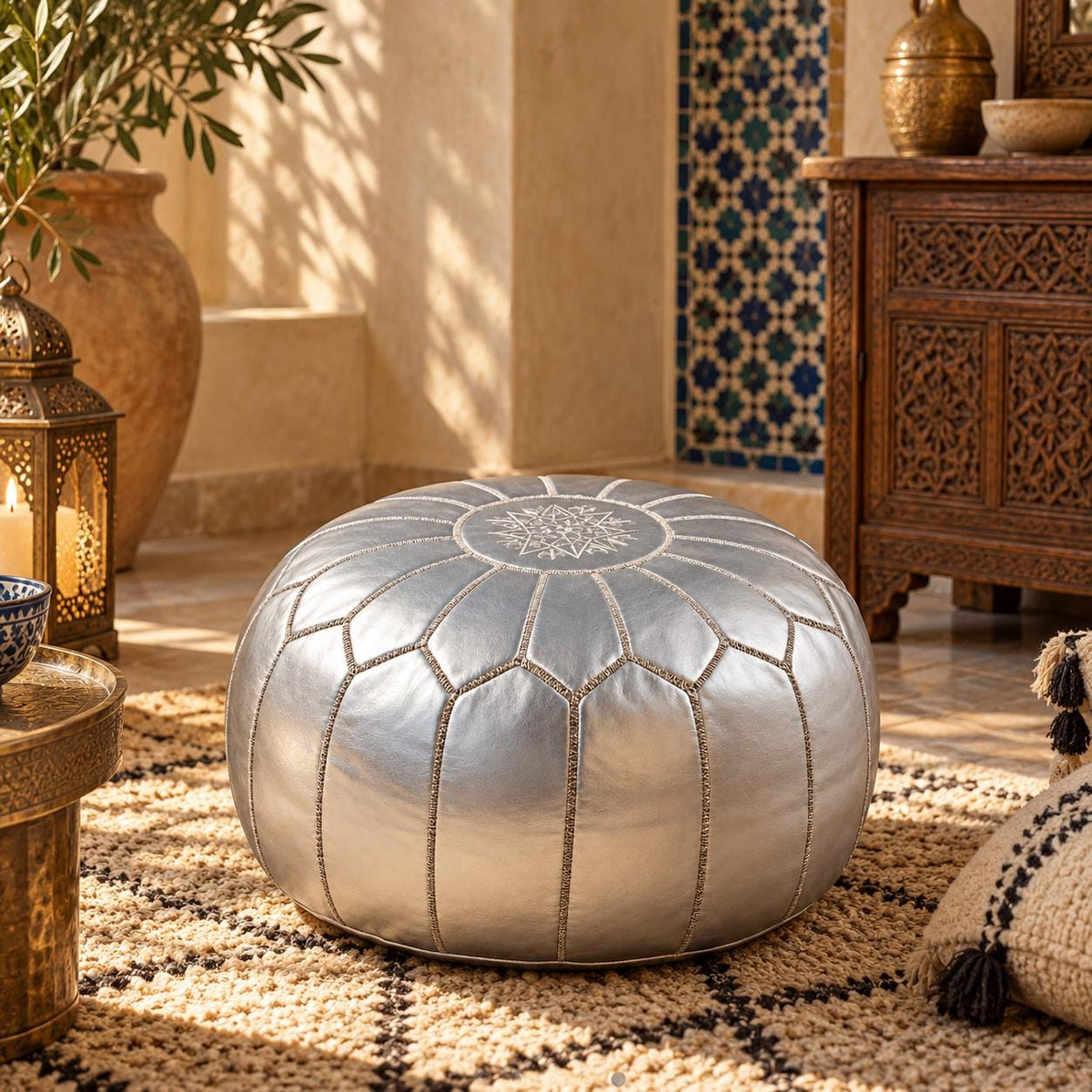 Leather Pouf Ottoman Cover, Moroccan Handmade Round Leather Floor Decor, Unstuffed Boho Living Room Footrest, Silver Leather Pouf