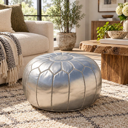 Leather Pouf Ottoman Cover, Moroccan Handmade Round Leather Floor Decor, Unstuffed Boho Living Room Footrest, Silver Leather Pouf