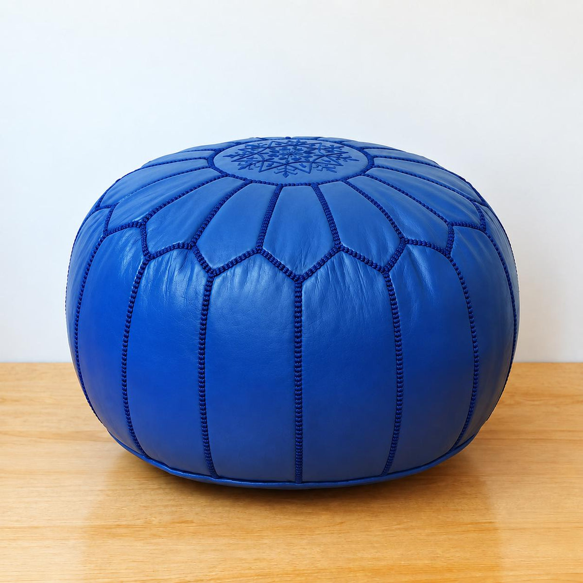 Blue Round Leather Pouf Ottoman, Handmade Moroccan Footstool, Unstuffed Leather Pouf Cover, Living Room Footrest, Round Leather Floor Pouf