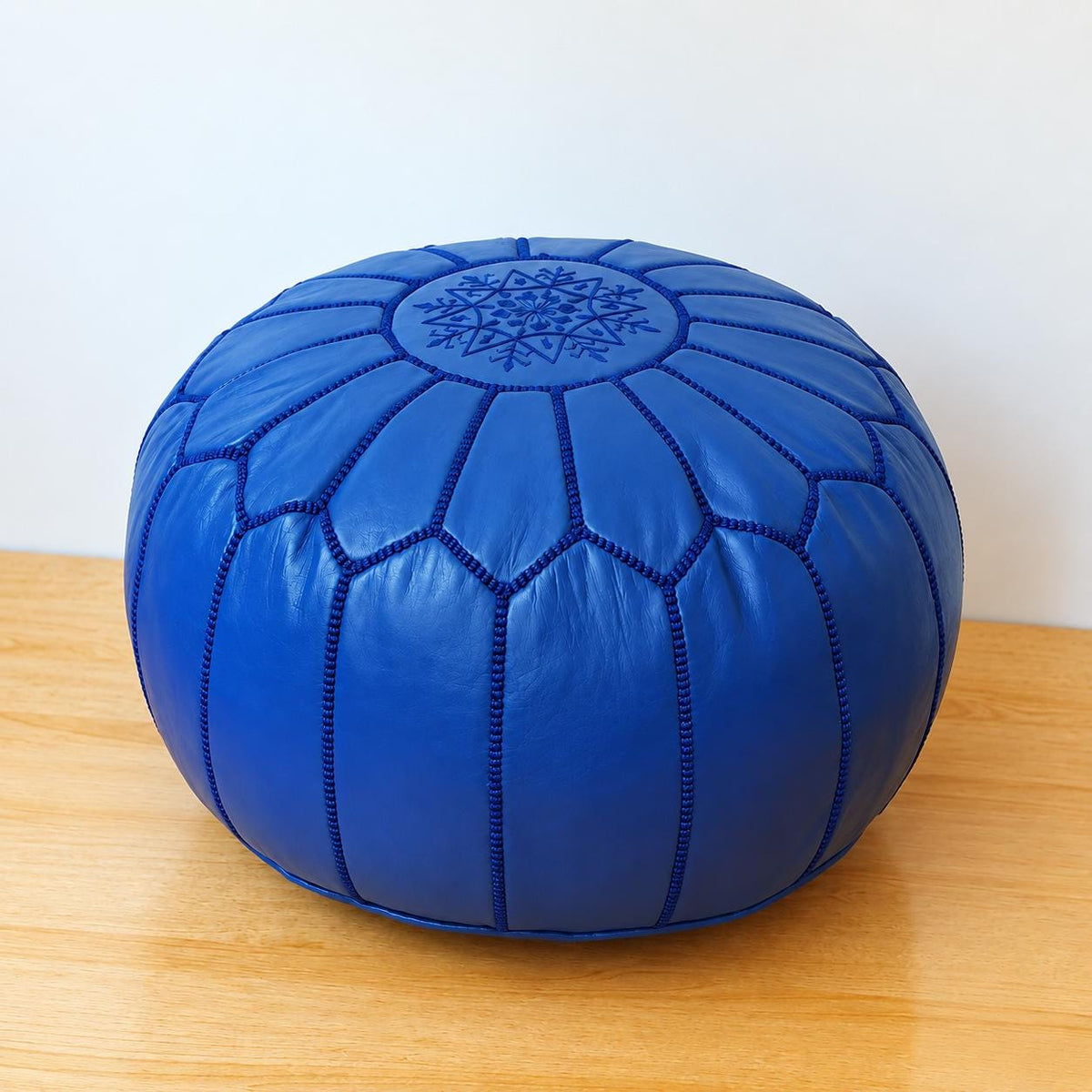 Blue Round Leather Pouf Ottoman, Handmade Moroccan Footstool, Unstuffed Leather Pouf Cover, Living Room Footrest, Round Leather Floor Pouf