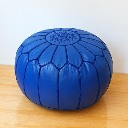 Blue Round Leather Pouf Ottoman, Handmade Moroccan Footstool, Unstuffed Leather Floor Pouf Cover, Living Room Footrest, Floor Seating