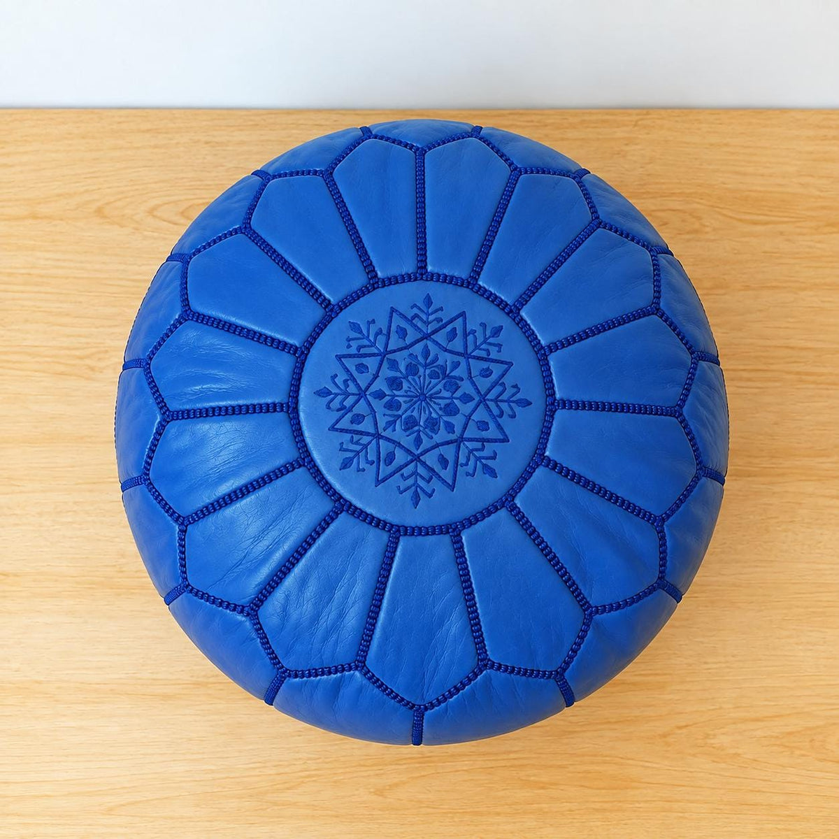 Blue Round Leather Pouf Ottoman, Handmade Moroccan Footstool, Unstuffed Leather Floor Pouf Cover, Living Room Footrest, Floor Seating