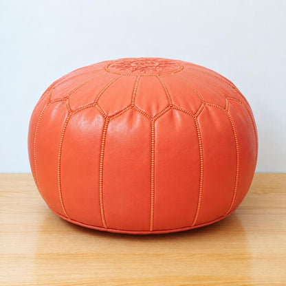 Round Leather Pouf Ottoman, Handmade Moroccan Footstool, Unstuffed Leather Pouf Cover, Living Room Footrest, Round Leather Floor Pouf