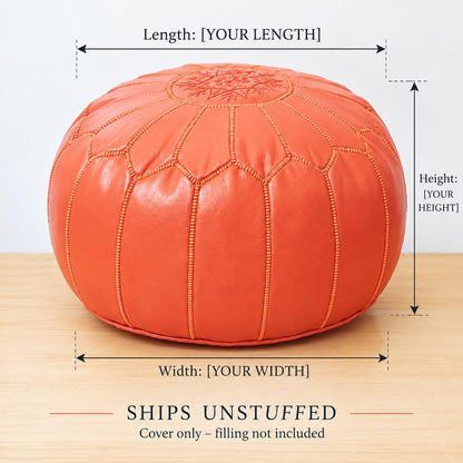 Round Leather Pouf Ottoman, Handmade Moroccan Footstool, Unstuffed Leather Pouf Cover, Living Room Footrest, Round Leather Floor Pouf