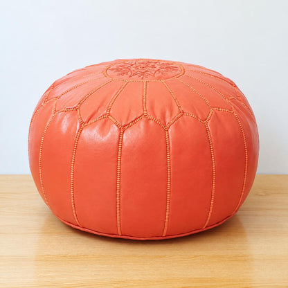 Round Leather Pouf Ottoman, Handmade Moroccan Footstool, Unstuffed Leather Pouf Cover, Living Room Footrest, Round Leather Floor Pouf