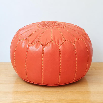 Round Leather Pouf Ottoman, Handmade Moroccan Footstool, Unstuffed Leather Pouf Cover, Living Room Footrest, Round Leather Floor Pouf